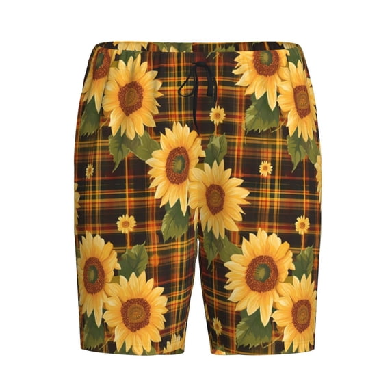 Lsque Yellow Black Plaid Sunflower Mens Sleep Pajama Shorts,Short Pajama Pants, Cotton Ultra-Soft Knit-Large