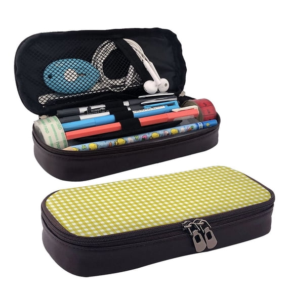 Lsque Yellow Checkboard Printed Big Capacity PU Leather Pencil Case Large Pencil Pouch Stationery Pen Bag Pencil Holder for Teen