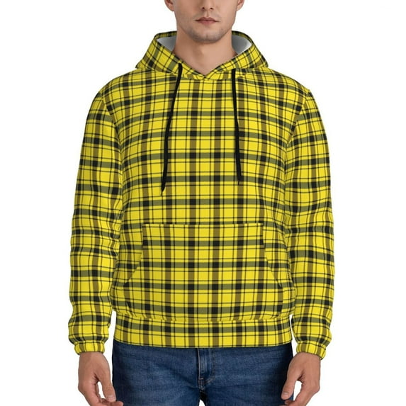 Lsque Yellow Checkered Plaid Pattern Casual Men's Hoodie,Hooded Sweatshirt with Kangaroo Pocket,Pullover Hoodie-Medium