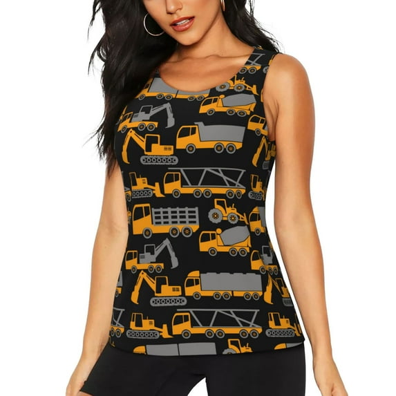 Lsque Yellow Excavator Printed Workout Tank Tops for Women, Athletic Sports Tank Tops, Compression Sleeveless Dry Fit Shirts,Sleeveless Yoga Shirt-XX-Large