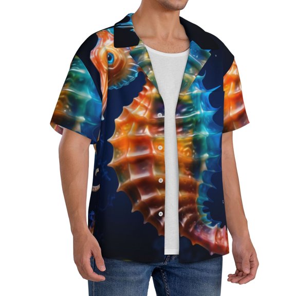 Lsque Yellow Fish Seahorse print Men's Cuban Collar Short Sleeve Shirt Summer Beachwear Casual Button Down Fashionable Vacation Leisure Shirt-4X-Large