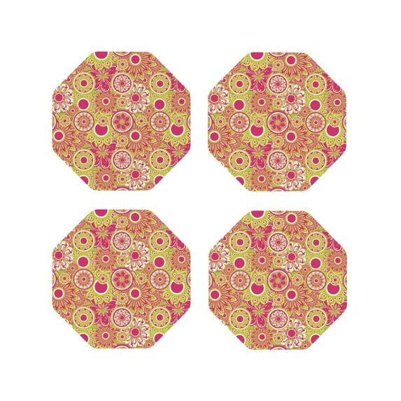 Lsque Yellow Flowers Pattern 4" Drink Coasters Set of 4, PVC Leather Absorbent Coasters, Table Coaster Set Decorative Coffee Cup Coasters Housewarming Gift -Octagon