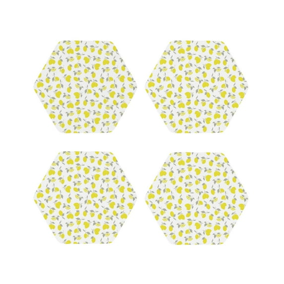 Lsque Yellow Lemon Leaves Pattern 4" Drink Coasters Set of 4, PVC Leather Absorbent Coasters, Table Coaster Set Decorative Coffee Cup Coasters Housewarming Gift -Hexagon