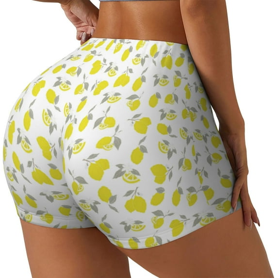 Lsque Yellow Lemon Leaves Pattern High Waisted Biker Shorts for Women-Tummy Control Fitness Athletic Workout Running Yoga Gym Shorts,Moisture-Wicking-Large