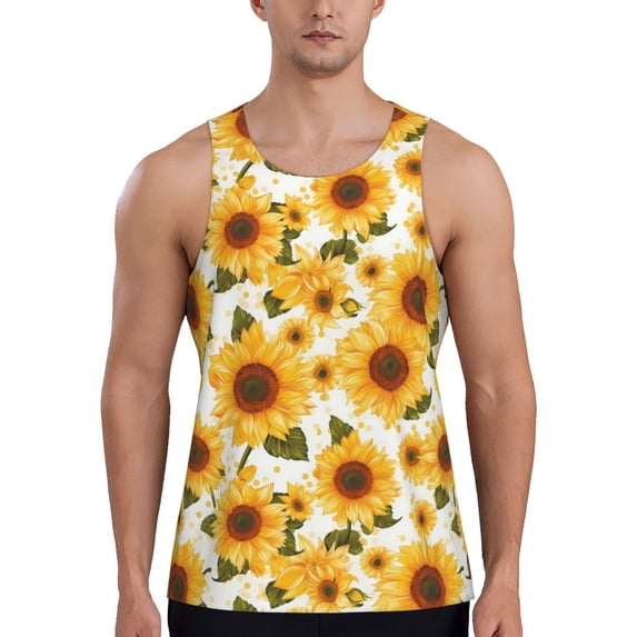 Lsque Yellow Polka Dot Sunflower Pattern Mens Tank Tops Muscle Athletic Quick Dry Sleeveless Workout Fitness T Shirts Beach Tank Top, Loose-fit Sleeveless Shirt for Men-4X-Large