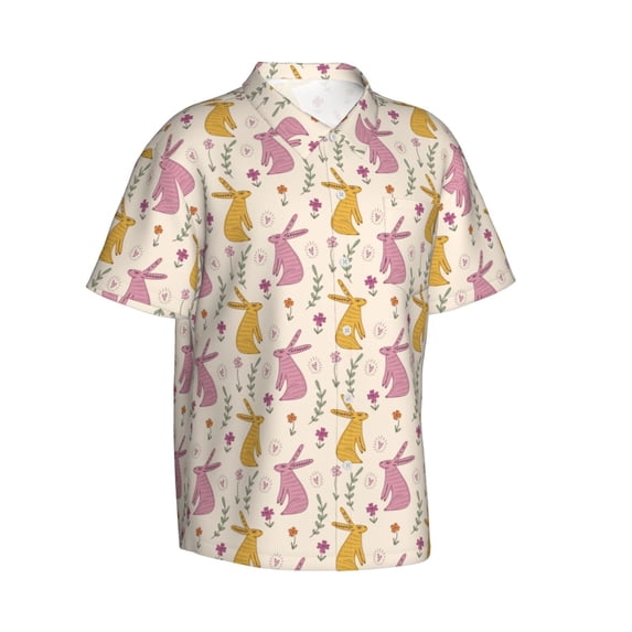 Lsque Yellow Pueple Rabbit pattern Hawaiian Shirt for Men, Unisex Summer Beach Casual Short Sleeve Button Down Shirts-X-Large