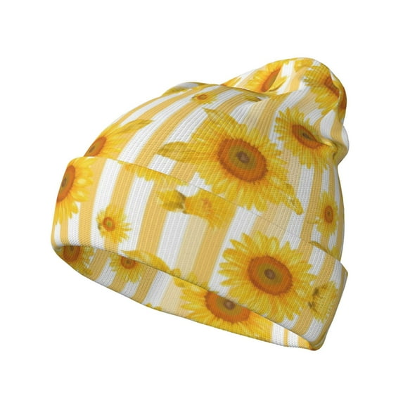 Lsque Yellow White Striped Sunflower Pattern Knitted Beanie, Unisex Winter Hat, Knit Hat Winter Beanies Thick Fisherman Beanies Cuffed Plain Skull Caps