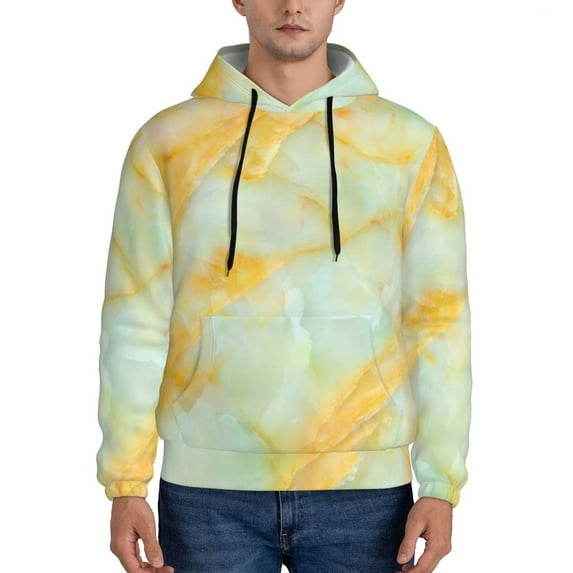 Lsque Yellow With Teal Marble Pattern Casual Men's Hoodie,Hooded Sweatshirt with Kangaroo Pocket,Pullover Hoodie-Large