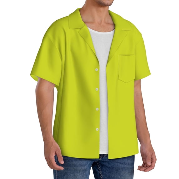 Lsque Yellow print Men's Cuban Collar Short Sleeve Shirt Summer Beachwear Casual Button Down Fashionable Vacation Leisure Shirt-Small
