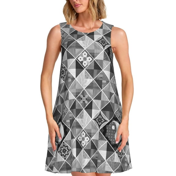 Lsque Yin Yang With Black And White Pattern Summer Dresses for Women – Sleeveless T-Shirt Swing Sundress, Perfect for the Beach and Casual Days
