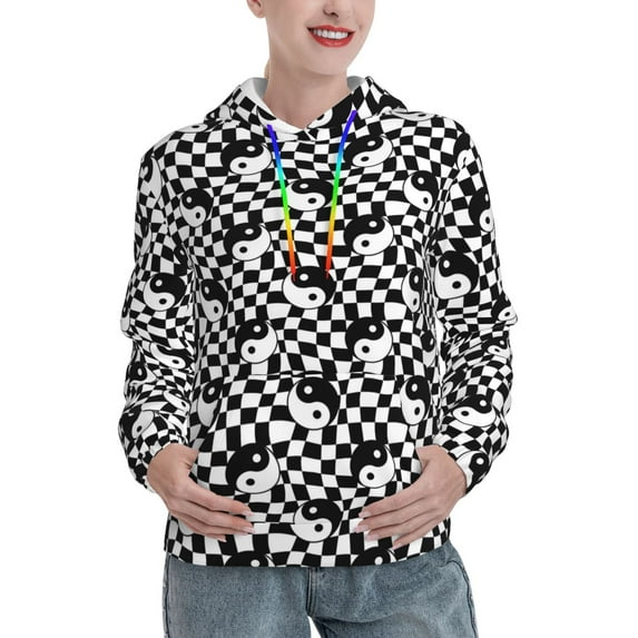 Lsque Ying Yang Checkered Pattern Casual Women's Hoodie,Hooded Sweatshirt with Kangaroo Pocket,Pullover Hoodie with Eye-catching Drawstrings-Small