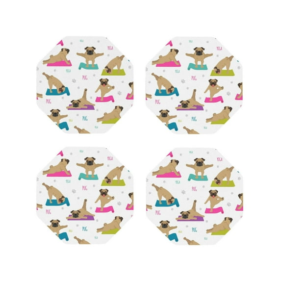 Lsque Yoga Dogs Poses Pattern 4" Drink Coasters Set of 4, PVC Leather Absorbent Coasters, Table Coaster Set Decorative Coffee Cup Coasters Housewarming Gift -Octagon