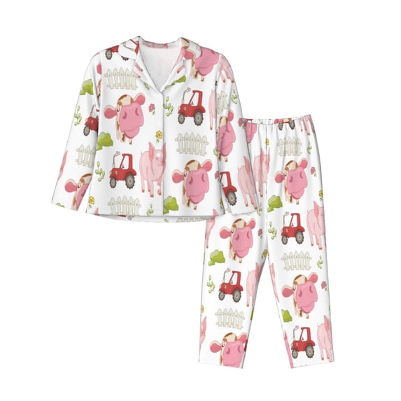 Lsque a cow and a pig Pattern Long Sleeve Pajama Set for Women - Soft 2-Piece Sleepwear and Loungewear Set with Pockets, Comfy Nightwear-X-Large