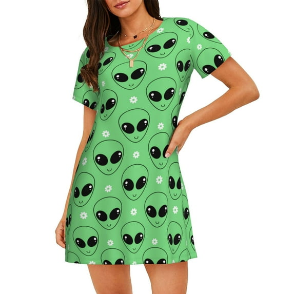 Lsque alien cartoons Pattern Nightgowns for Women Sleep Shirts Short Sleeve Nightshirt Pullover Nightdress Soft Sleepwear Relaxed Fit Nightdress