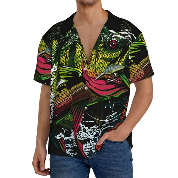 Lsque bass Print Men's Cuban Collar Short Sleeve Shirt Summer Beachwear Casual Button Down Fashionable Vacation Leisure Shirt-X-Large