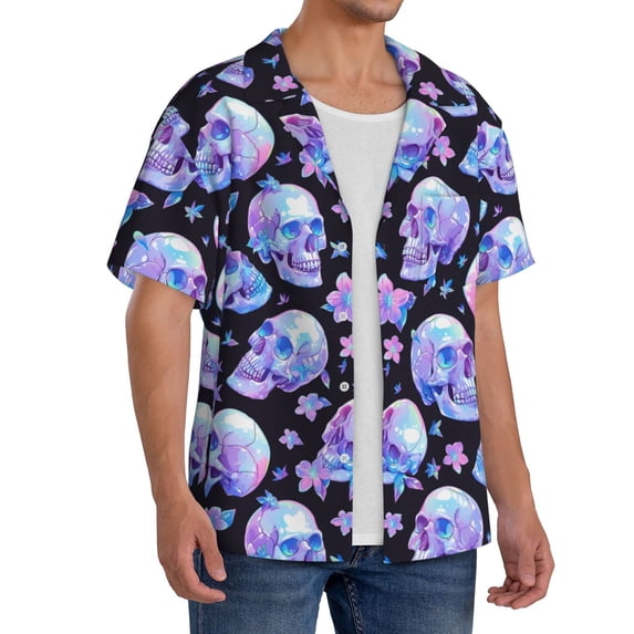 Lsque blue Skull flower print Men's Cuban Collar Short Sleeve Shirt Summer Beachwear Casual Button Down Fashionable Vacation Leisure Shirt-X-Large