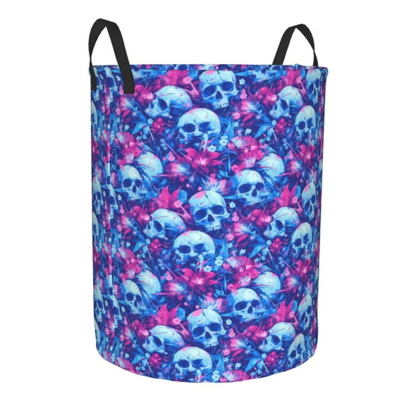 Lsque blue Skull purple flower pattern Laundry Hamper Basket, Tall Woven Rope Hamper Basket for Clothes, Lightweight Storage Basket, Collapsible Waterproof-Small