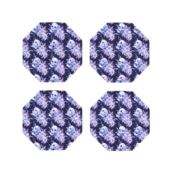 Lsque blue starry sky Skull flower Pattern 4" Drink Coasters Set of 4, PVC Leather Absorbent Coasters, Table Coaster Set Decorative Coffee Cup Coasters Housewarming Gift -Octagon