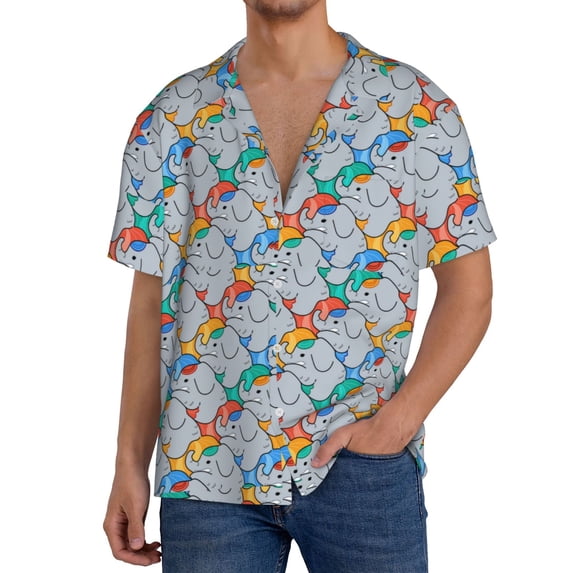 Lsque cartoon Elephant Print Men's Cuban Collar Short Sleeve Shirt Summer Beachwear Casual Button Down Fashionable Vacation Leisure Shirt-3X-Large