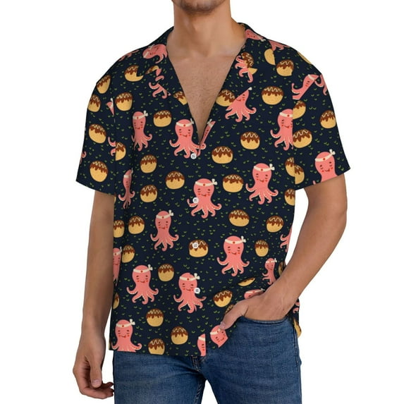 Lsque cartoon octopus Print Men's Cuban Collar Short Sleeve Shirt Summer Beachwear Casual Button Down Fashionable Vacation Leisure Shirt-4X-Large