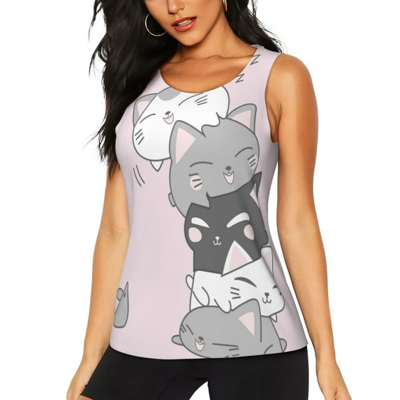 Lsque cat Printed Workout Tank Tops for Women, Athletic Sports Tank Tops, Compression Sleeveless Dry Fit Shirts,Sleeveless Yoga Shirt-X-Large