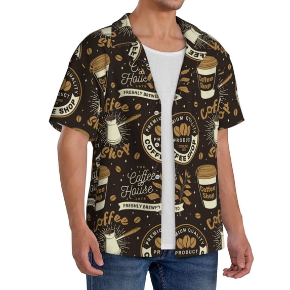 Lsque coffee shop house print Men's Cuban Collar Short Sleeve Shirt Summer Beachwear Casual Button Down Fashionable Vacation Leisure Shirt-4X-Large