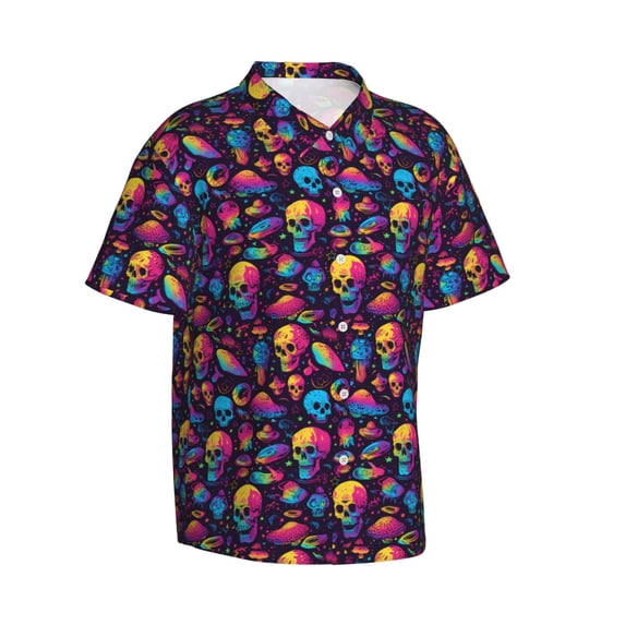 Lsque colorful Skull Retro pattern Hawaiian Shirt for Men, Unisex Summer Beach Casual Short Sleeve Button Down Shirts-Large