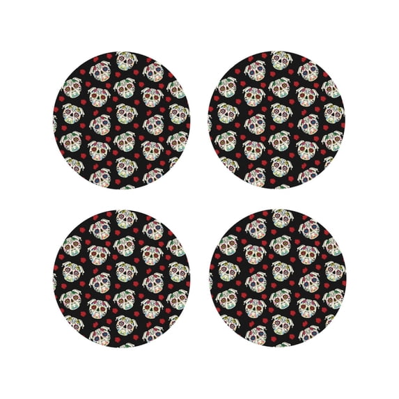 Lsque colorful Skull dog flower Pattern 4" Drink Coasters Set of 4, PVC Leather Absorbent Coasters, Table Coaster Set Decorative Coffee Cup Coasters Housewarming Gift -Round Shape