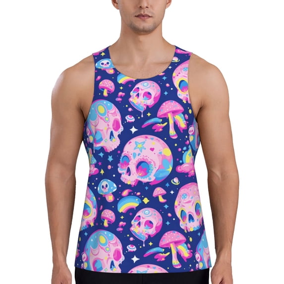 Lsque colorful Skull mushroom rainbow Pattern Mens Tank Tops Muscle Athletic Quick Dry Sleeveless Workout Fitness T Shirts Beach Tank Top, Loose-fit Sleeveless Shirt for Men-3X-Large