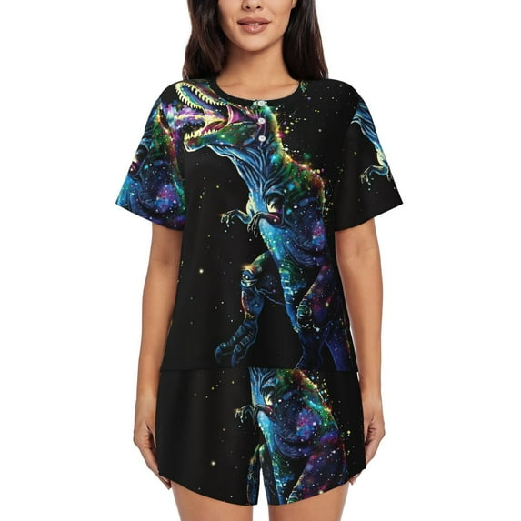 Lsque colorful flames dinosaur Women's Short-Sleeved Pajama Set - 2 Piece Soft and Lightweight Sleepwear Set-X-Large