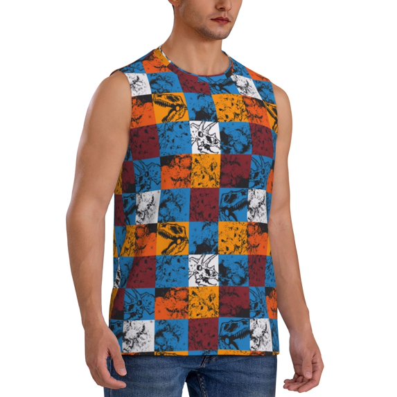 Lsque colorful plaid Dinosaur Print Men's Cotton Blend Sleeveless Muscle Shirts (S-3XL)- Moisture Wicking, Odor Protection, UPF 30+,Small