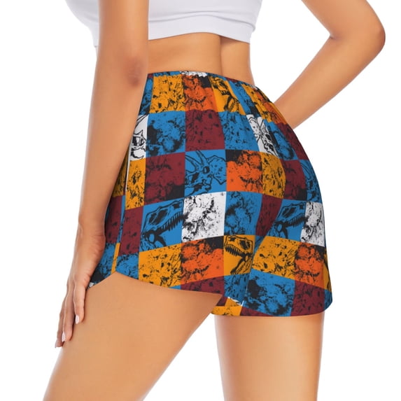 Lsque colorful plaid Dinosaur Printed Women's Running Shorts with Liner Pockets,Elastic Quick Dry Workout Athletic Gym Yoga Shorts,Womens High Waist Shorts-Medium