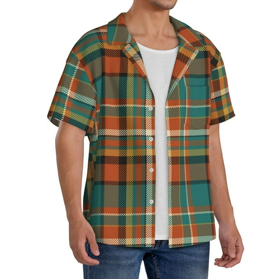 Lsque colorful plaid print Men's Cuban Collar Short Sleeve Shirt Summer Beachwear Casual Button Down Fashionable Vacation Leisure Shirt-Large