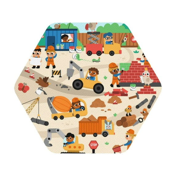 Lsque construction road work landscape Pattern 4" Drink Coasters Set of 6, Leather Absorbent Coasters, Table Coaster Set Decorative Coffee Cup Coasters Housewarming Gift,Hexagon