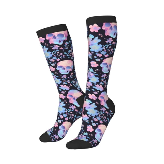 Lsque cool Skull flower Printed Crew Socks Men's Women's LightWeight Thin Casual Calf Socks ,Knee High Socks,Cotton Socks