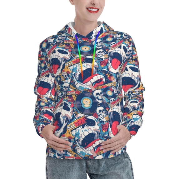 Lsque cool rock Skull Pattern Casual Women's Hoodie,Hooded Sweatshirt with Kangaroo Pocket,Pullover Hoodie with Eye-catching Drawstrings-Medium