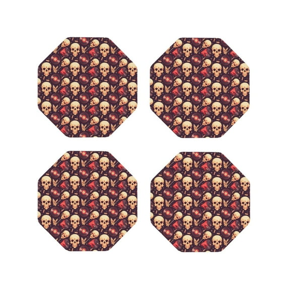 Lsque cool rock Skull record Pattern 4" Drink Coasters Set of 4, PVC Leather Absorbent Coasters, Table Coaster Set Decorative Coffee Cup Coasters Housewarming Gift -Octagon
