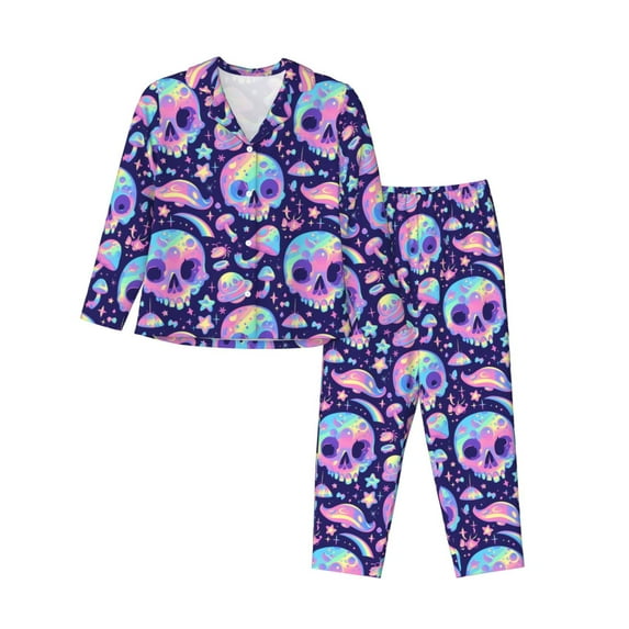 Lsque crystal Skull mushroom Pattern Long Sleeve Pajama Set for Women - Soft 2-Piece Sleepwear and Loungewear Set with Pockets, Comfy Nightwear-X-Large