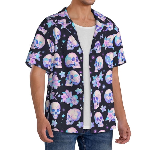 Lsque crystal flower Skull print Men's Cuban Collar Short Sleeve Shirt Summer Beachwear Casual Button Down Fashionable Vacation Leisure Shirt-Medium