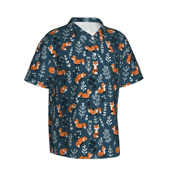 Lsque cute fall fox pattern Hawaiian Shirt for Men, Unisex Summer Beach Casual Short Sleeve Button Down Shirts-Small