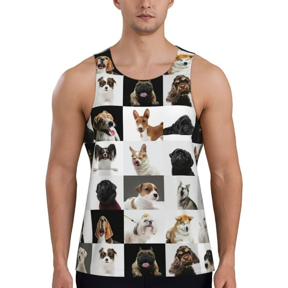 Lsque dogs pets collage Pattern Mens Tank Tops Muscle Athletic Quick Dry Sleeveless Workout Fitness T Shirts Beach Tank Top, Loose-fit Sleeveless Shirt for Men-Large