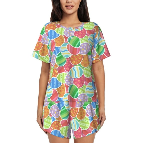 Lsque easter eggs Pattern Women's Short-Sleeved Pajama Set - 2 Piece Soft and Lightweight Sleepwear Set-3X-Large