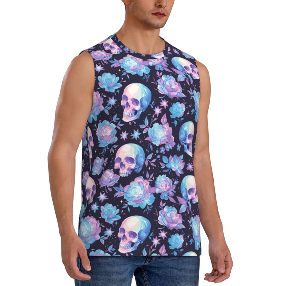 Lsque flower Skull in starry sky Print Men's Cotton Blend Sleeveless Muscle Shirts (S-3XL)- Moisture Wicking, Odor Protection, UPF 30 ,Small