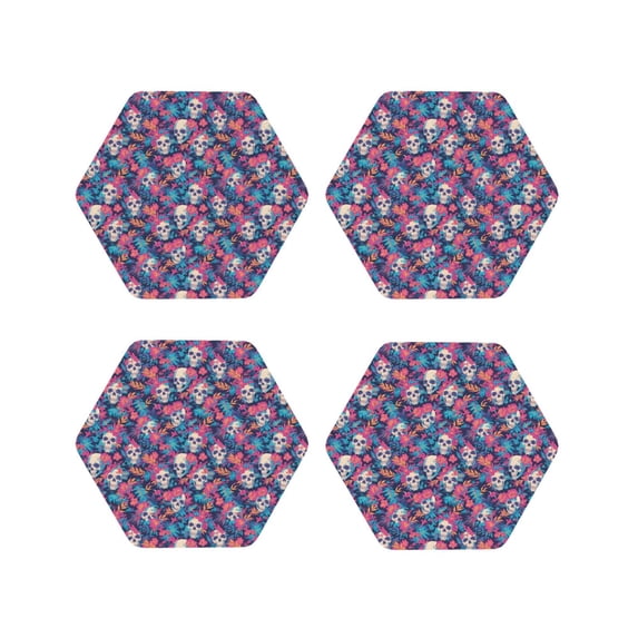 Lsque flower Skull leaf colorful Pattern 4" Drink Coasters Set of 4, PVC Leather Absorbent Coasters, Table Coaster Set Decorative Coffee Cup Coasters Housewarming Gift -Hexagon