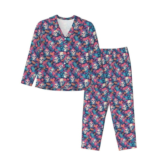 Lsque flower Skull leaf colorful Pattern Long Sleeve Pajama Set for Women - Soft 2-Piece Sleepwear and Loungewear Set with Pockets, Comfy Nightwear-Large