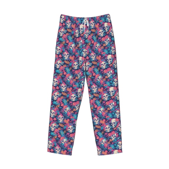 Lsque flower Skull leaf colorful Print Men's Pajama Pants, Lounge Pant - Comfortable Home Wear,Elastic Waistband, Stylish Design-Large