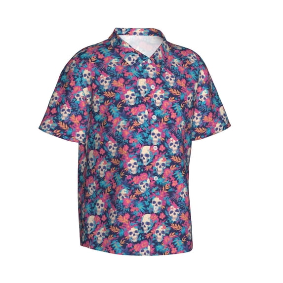 Lsque flower Skull leaf colorful pattern Hawaiian Shirt for Men, Unisex Summer Beach Casual Short Sleeve Button Down Shirts-Small
