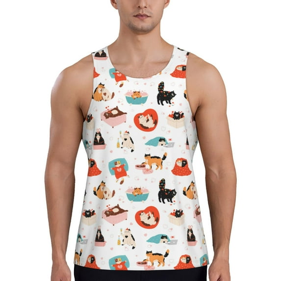 Lsque funny cats celebrating Valentine's Day Pattern Mens Tank Tops Muscle Athletic Quick Dry Sleeveless Workout Fitness T Shirts Beach Tank Top, Loose-fit Sleeveless Shirt for Men-Medium