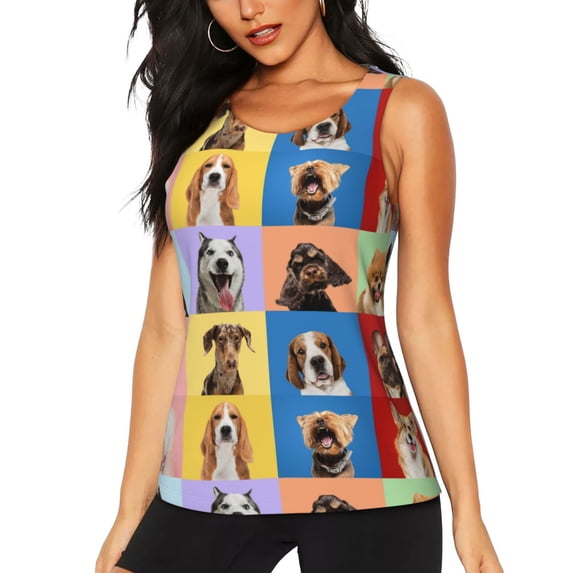 Lsque funny dogs Printed Workout Tank Tops for Women, Athletic Sports Tank Tops, Compression Sleeveless Dry Fit Shirts,Sleeveless Yoga Shirt-X-Large