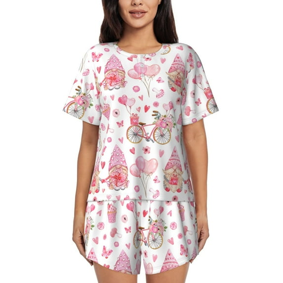 Lsque gnome couple Pattern Women's Short-Sleeved Pajama Set - 2 Piece Soft and Lightweight Sleepwear Set-Large